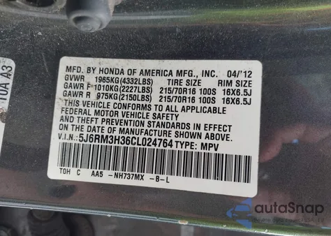2012 Honda Cr-V Lx from USA, damaged, VIN 5J6RM3H36CL024764